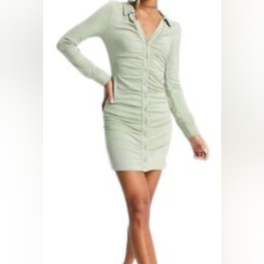 Pretty Little Thing Women's Green Rouched Button Down Collared Shirt Dress.